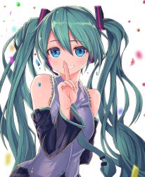 Rule 34 | 1girl, absurdres, aqua hair, aqua necktie, black skirt, blue eyes, blurry, blurry foreground, blush, collared shirt, commentary request, detached sleeves, finger to mouth, hair between eyes, hair ornament, hatsune miku, headphones, headset, highres, kahlua (artist), long hair, looking at viewer, microphone, nail polish, necktie, shirt, simple background, skirt, solo, sweatdrop, twintails, upper body, very long hair, vocaloid, white shirt