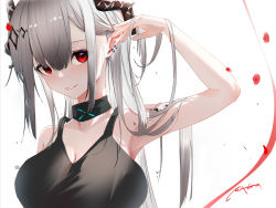 Rule 34 | 1girl, arknights, arm up, armpits, bare shoulders, black choker, black tank top, blush, breasts, choker, cleavage, commentary request, crop top, earrings, hair between eyes, hair ornament, hairclip, horns, jewelry, large breasts, long hair, looking at viewer, material growth, mixed-language commentary, mudrock (arknights), nail polish, omone hokoma agm, oripathy lesion (arknights), parted lips, pointy ears, red eyes, red nails, sidelocks, signature, silver hair, smile, solo, tank top, upper body, white background