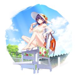 Rule 34 | 1girl, absurdres, bare shoulders, barefoot, bikini, braid, breasts, cleavage, counter:side, flower, full body, hat, hat flower, highres, holding, lee yumi (counter:side), lifebuoy, lifeguard chair, long hair, looking at viewer, medium breasts, off shoulder, official alternate costume, official art, outdoors, purple hair, red eyes, see-through, shirt, side-tie bikini bottom, single braid, solo, strap slip, string bikini, striped bikini, striped clothes, sun hat, swim ring, swimsuit, thighs, transparent background, whistle, white hat
