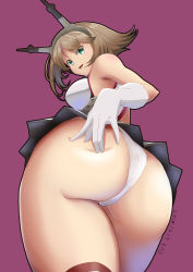 Rule 34 | 1girl, artist request, ass, bare shoulders, blush, breasts, brown hair, cameltoe, deep skin, from below, gloves, green eyes, hair ornament, hand on ass, hip focus, huge ass, kantai collection, large breasts, looking at viewer, looking down, miniskirt, mutsu (kancolle), open mouth, panties, shiny skin, sideboob, skirt, smile, solo, thick thighs, thighhighs, thighs, thong, underwear, upskirt, wide hips