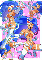 Rule 34 | 1girl, animal ears, animal hands, blue eyes, blue hair, breasts, cat ears, cat girl, cat tail, claws, convenient censoring, fangs, felicia (vampire), highres, kicking, large breasts, looking at viewer, monster girl, muscular, muscular female, nude, shikiwo, smile, solo, spread legs, tail, vampire (game)