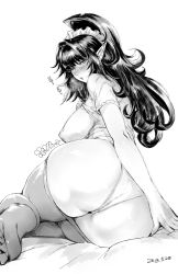 Rule 34 | 1girl, ass, bed, blush, breasts, breath, come hither, dated, elf, feet, greyscale, highres, huge ass, huge breasts, long hair, looking at viewer, looking back, lying, monochrome, nipples, on side, original, orushibu, pantyhose, parted lips, pointy ears, ponytail, puffy nipples, simple background, solo, white background, wide hips