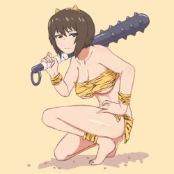 Rule 34 | 1girl, animal print, ankleband, armband, bare shoulders, barefoot, beans, bikini, breasts, brown eyes, brown hair, cleavage, closed mouth, club, club (weapon), commentary, fake horns, from side, frown, full body, fur bikini, girls und panzer, half-closed eyes, hand on own hip, highres, holding club, holding weapon, horns, huaronanago, looking at viewer, medium breasts, nishizumi maho, on one knee, oni horns, print bikini, print sarong, sarong, setsubun, shadow, short hair, solo, spiked club, strapless, strapless bikini, swimsuit, tiger print, weapon, yellow background, yellow bikini, yellow sarong