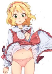 Rule 34 | 1girl, blonde hair, blush, bow, bow panties, brown ribbon, clothes lift, collarbone, collared shirt, commentary request, djheycha, dress, dress lift, dress shirt, frilled shirt collar, frills, gluteal fold, green eyes, groin, hair bow, hairband, hand up, highres, idolmaster, idolmaster cinderella girls, long sleeves, navel, neck ribbon, open mouth, panties, pink bow, pink panties, red dress, red hairband, ribbon, sakurai momoka, shirt, shirt lift, simple background, solo, standing, underwear, white background, white shirt, wind, wind lift