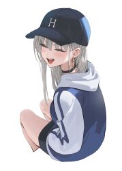 Rule 34 | 1girl, :d, baseball cap, black hat, blue jacket, blush, closed eyes, cropped legs, cross, cross earrings, earrings, facing viewer, from behind, grey hair, hair behind ear, hands in pockets, hat, highres, hood, hood (james x), hood down, hooded jacket, invisible chair, jacket, jewelry, legs apart, long hair, multicolored clothes, multicolored jacket, open mouth, original, sidelocks, simple background, sitting, smile, solo, stud earrings, teeth, two-tone jacket, upper teeth only, v-shaped eyebrows, white background, white jacket