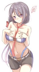 Rule 34 | 1girl, ariake (kancolle), bikini, black hair, breasts, brown shorts, calin, cleavage, commentary request, cowboy shot, dated, highleg, highleg bikini, highleg swimsuit, highres, kantai collection, long hair, looking at viewer, low ponytail, medium breasts, neckerchief, one-hour drawing challenge, purple eyes, red neckerchief, shorts, signature, simple background, smile, solo, swimsuit, white background