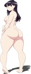 Rule 34 | 1girl, absurdres, ass, back, barefoot, blush, breasts, chetrippo, highres, huge ass, komi-san wa komyushou desu, komi shouko, large breasts, long hair, medium breasts, nude, purple eyes, purple hair, solo, thick thighs, thighs, white background, wide hips, y shaped butt crack