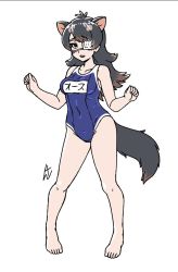 Rule 34 | 1girl, acesrulez, alternate costume, animal ears, australian devil (kemono friends), bare legs, bare shoulders, barefoot, blue one-piece swimsuit, blush, breasts, extra ears, eyepatch, fang, kemono friends, long hair, looking at viewer, multicolored hair, name tag, navel, one-piece swimsuit, open mouth, school swimsuit, signature, solo, swimsuit, tail, white background