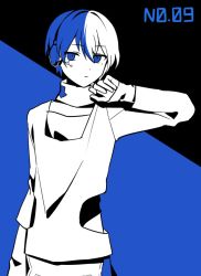 Rule 34 | 1boy, aoyagi touya, blue background, blue eyes, blue hair, blue theme, closed mouth, commentary, cosplay, expressionless, facial mark, flat color, headphones, kagerou project, konoha (kagerou project), konoha (kagerou project) (cosplay), long sleeves, looking at viewer, male focus, multicolored hair, numbered, pants, project sekai, shirt, solo, split-color hair, waka (wk4444), white hair, white pants, white shirt
