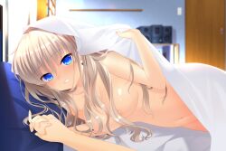 Rule 34 | 1girl, absurdres, blanket, blue eyes, breasts, charlotte (anime), grey hair, highres, holding hands, interlocked fingers, large breasts, long hair, looking at viewer, navel, nude, otou (otou san), parted lips, pov, smile, solo, tomori nao