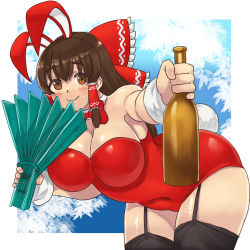 Rule 34 | 1girl, animal ears, black thighhighs, blush, bottle, bow, bowtie, breasts, brown eyes, brown hair, cleavage, closed mouth, commentary request, cookie (touhou), covered navel, cowboy shot, detached collar, fake animal ears, fake tail, folding fan, frilled bow, frilled hair tubes, frills, garter straps, hair bow, hair tubes, hakurei reimu, hand fan, holding, holding bottle, holding fan, kanna (cookie), large breasts, leaning forward, leotard, long hair, looking at viewer, mo-fu, playboy bunny, rabbit ears, rabbit tail, red bow, sidelocks, smile, solo, strapless, strapless leotard, tail, thighhighs, touhou, wrist cuffs