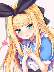 Rule 34 | 1girl, baram, black ribbon, blonde hair, blue dress, blunt bangs, blush, brown background, collared dress, commentary request, dress, green eyes, hair ribbon, hands up, heart, highres, interlocked fingers, long hair, looking at viewer, mononobe alice, mononobe alice (1st costume), nijisanji, own hands together, puffy short sleeves, puffy sleeves, ribbon, short sleeves, simple background, smile, solo, upper body, very long hair, virtual youtuber