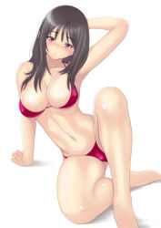 Rule 34 | 1girl, :o, arm support, arm up, armpits, bare shoulders, bikini, black hair, blush, breasts, cleavage, full-face blush, large breasts, long hair, looking at viewer, muffin (sirumeria), navel, open mouth, original, purple eyes, red bikini, shiny skin, simple background, sitting, skindentation, solo, string bikini, swimsuit, white background