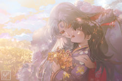 Rule 34 | 1boy, 1girl, black hair, bouquet, day, facial mark, floating hair, flower, hair between eyes, hair intakes, hand on another&#039;s shoulder, holding, holding bouquet, inuyasha, japanese clothes, kimono, long hair, looking at another, miyukiko, outdoors, purple kimono, rin (inuyasha), sesshoumaru, signature, silver hair, yellow eyes