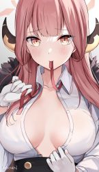 Rule 34 | 1girl, aru (blue archive), blue archive, blush, breasts, brown eyes, button gap, cleavage, clothes in mouth, coat, collared shirt, fur-trimmed coat, fur trim, gloves, highres, horns, kaetzchen, large breasts, light brown hair, long hair, looking at viewer, mouth hold, shirt, unbuttoning, white gloves