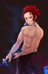 Rule 34 | 1boy, absurdres, bandaged arm, bandages, black pants, drop earrings, earrings, highres, holding, holding sword, holding weapon, jewelry, kamado tanjirou, kimetsu no yaiba, muscular, muscular male, mycrys, pants, pink eyes, red hair, scar, scar on face, short hair, solo, sword, topless male, v-shaped eyebrows, weapon