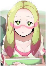 Rule 34 | 1girl, :o, bad id, bad pixiv id, breasts, cleavage, creatures (company), downblouse, facepaint, game freak, green eyes, green hair, highres, long hair, looking at viewer, medium breasts, mina (pokemon), nintendo, notebook, npc trainer, pink hair, pokemon, pokemon sm, solo, trial captain, upper body, wada kazu