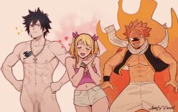 Rule 34 | 1girl, 2boys, abs, absurdres, annlu vazzel, artist name, aura, bare pectorals, black eyes, black hair, blonde hair, breasts, camisole, censored, chest tattoo, cleavage, commentary, completely nude, cross, cross necklace, english commentary, fairy tail, flaccid, gray fullbuster, grin, hands on own hips, heart, highres, jewelry, large breasts, lucy heartfilia, midriff, mosaic censoring, multiple boys, muscular, muscular male, natsu dragneel, navel, necklace, nude, open clothes, open vest, pectorals, penis, pink hair, scar, scar on stomach, scarf, sharp teeth, smile, spaghetti strap, sparkle, tattoo, teeth, two side up, vest