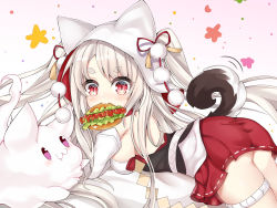 Rule 34 | 1girl, :3, animal ears, animal hood, arlene (ju), ass, azur lane, bare shoulders, blush, breasts, closed mouth, commentary request, creature, detached sleeves, fang, fang out, food in mouth, gradient background, grey hair, highres, hood, hood up, hot dog, long hair, long sleeves, medium breasts, mouth hold, pink background, pleated skirt, pom pom (clothes), purple eyes, red eyes, red ribbon, red skirt, ribbon, short eyebrows, skirt, slit pupils, solo, tail, tail raised, thick eyebrows, very long hair, white background, white sleeves, wolf ears, wolf girl, wolf hood, wolf tail, yuudachi (azur lane), yuudachi (the bride of solomon) (azur lane)