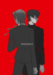 Rule 34 | 2boys, bad id, bad pixiv id, copyright name, cross, cross earrings, cross necklace, earrings, facial hair, fate/zero, fate (series), formal, goatee, jewelry, k-rei, kotomine kirei, male focus, monochrome, multiple boys, necklace, realistic, red background, simple background, suit, tohsaka tokiomi