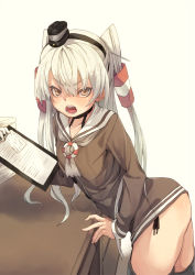 Rule 34 | 10s, 1girl, amatsukaze (kancolle), collarbone, contrapposto, desk, dress, eyebrows, frown, fu-ta, hair between eyes, hair tubes, hat, highres, kantai collection, lifebuoy, long hair, long sleeves, looking at viewer, mini hat, open mouth, panties, paper, sailor collar, sailor dress, side-tie panties, solo, standing, swim ring, teeth, tongue, twintails, two side up, underwear, white hair