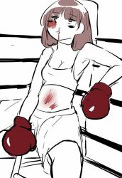 Rule 34 | 1girl, bb (pixiv13315945), belly punch, blood, boxer briefs, boxing, boxing gloves, boxing ring, bruise, injury, male underwear, nosebleed, short hair, sitting, solo, sports bra