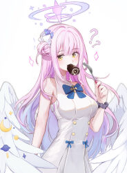 Rule 34 | 1girl, ?, absurdres, bare shoulders, blue archive, bow, bowtie, breasts, cake, dana (hapong07), eating, food, fork, gradient hair, hair bun, hair ornament, halo, hand up, highres, holding, holding fork, medium breasts, mika (blue archive), mouth hold, multicolored hair, pink hair, revision, shirt, sidelocks, single side bun, sleeveless, sleeveless shirt, solo, sparkle, swiss roll, upper body, white shirt, yellow eyes