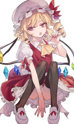 Rule 34 | 1girl, :o, arm up, ascot, back bow, black thighhighs, blonde hair, bow, collared shirt, commentary request, crystal, drill hair, fingernails, flandre scarlet, footwear bow, full body, hand on ground, hat, hat ribbon, highres, long fingernails, looking at viewer, mob cap, multicolored wings, nail polish, open mouth, panties, puffy short sleeves, puffy sleeves, red bow, red eyes, red nails, red ribbon, red skirt, red vest, ribbon, shirt, short hair, short sleeves, side ponytail, sidelocks, simple background, sitting, skirt, slit pupils, solo, teeth, thighhighs, touhou, tsukeo, underwear, upper teeth only, vest, white background, white bow, white footwear, white hat, white panties, wing collar, wings, yellow ascot