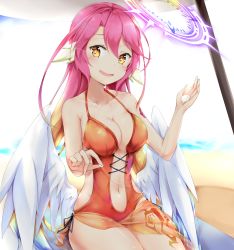 Rule 34 | 1girl, beach, beach mat, beach umbrella, blue hair, blush, breasts, collarbone, spiked halo, feathered wings, hair between eyes, halo, halterneck, head tilt, ikasoke (likerm6au), jibril (no game no life), long hair, looking at viewer, lotion, medium breasts, multicolored hair, navel, no game no life, one-piece swimsuit, open mouth, orange eyes, orange hair, orange one-piece swimsuit, pink hair, sand, sarong, sitting, smile, solo, sunscreen, swimsuit, tattoo, umbrella, very long hair, water, white wings, wings