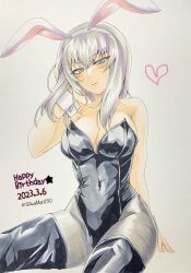 Rule 34 | 1girl, animal ears, arm behind back, bare shoulders, birthday, black footwear, black leotard, blush, boots, breasts, closed mouth, commentary, covered navel, dated, english text, fake animal ears, frown, girls und panzer, grey background, grey pantyhose, half-closed eyes, hand in own hair, happy birthday, heart, highres, itsumi erika, leotard, looking at viewer, medium breasts, medium hair, pantyhose, playboy bunny, rabbit ears, sawamaru30, simple background, sitting, smile, solo, star (symbol), strapless, strapless leotard, thigh boots, traditional media, twitter username, wrist cuffs