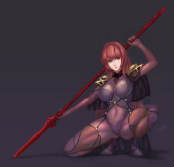 Rule 34 | 1girl, bodysuit, breasts, covered navel, d.sum, fate/grand order, fate (series), highres, large breasts, long hair, polearm, purple bodysuit, purple hair, red eyes, scathach (fate), scathach (fate), skin tight, solo, squatting, weapon