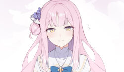 Rule 34 | 1girl, blue archive, blush, closed mouth, commentary, dress, english commentary, enosan, flower, flying sweatdrops, hair bun, hair flower, hair ornament, highres, long hair, looking at viewer, mika (blue archive), pink hair, purple flower, simple background, single side bun, solo, upper body, white dress, yellow eyes