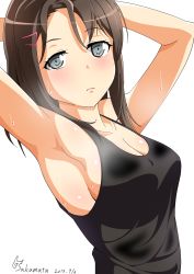 Rule 34 | 10s, 1girl, 2018, absurdres, armpits, arms behind head, arms up, artist name, bang dream!, bare shoulders, blush, breasts, brown hair, cleavage, dated, frown, grey eyes, hair ornament, hairclip, highres, large breasts, looking at viewer, medium hair, no bra, okusawa misaki, sakamata (sakamata4), sideboob, simple background, solo, standing, sweat, tank top, upper body, white background