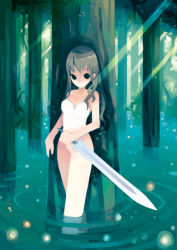Rule 34 | 1girl, black eyes, brown hair, casual one-piece swimsuit, flood, forest, haruse hiroki, light rays, long hair, nature, one-piece swimsuit, original, solo, sparkle, sunbeam, sunlight, swimsuit, sword, tree, wading, water, weapon
