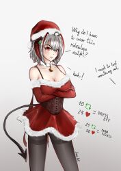 Rule 34 | 1girl, arknights, auqauqust, christmas dress, demon horns, demon tail, english text, grey hair, horns, meme, pantyhose, red eyes, tail, twitter strip game (meme), w (arknights)