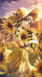 Rule 34 | 1girl, brown hair, character request, cloud, dress, flower, from side, hand up, hat, highres, holding, holding flower, long hair, looking at viewer, mirage (rairudiseu), orange dress, orange eyes, outdoors, project sekai, smile, solo, summer, sun hat, sunflower, sunset, yellow flower