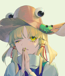 Rule 34 | 1girl, absurdres, blonde hair, dress, frog, frog on head, highres, long hair, long sleeves, moriya suwako, one eye closed, parted lips, portrait, praying, pyonta, sidelocks, simple background, solo, szztzzs, touhou, turtleneck dress, white background, white dress, yellow eyes, yellow nails