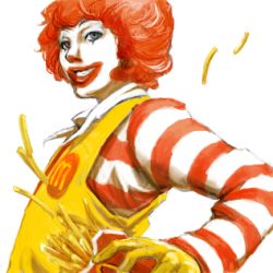 Rule 34 | 1boy, food, french fries, lowres, male focus, mcdonald&#039;s, red hair, ronald mcdonald, simple background, smile, solo, striped, unagi77, white background