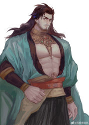 Rule 34 | 1boy, abs, absurdres, amaimochi, bara, beard, blue kimono, character request, copyright request, cowboy shot, facial hair, hakama, hakama pants, highres, japanese clothes, kimono, large pectorals, long hair, looking at viewer, male focus, mature male, muscular, muscular male, pants, pectoral cleavage, pectorals, solo, stomach, stomach tattoo, tattoo, thick eyebrows, underpec