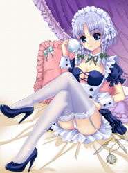 Rule 34 | 1girl, alternate costume, apron, bad id, bad pixiv id, bed, blue eyes, braid, breasts, cleavage, cuffs, cup, curtains, frilled pillow, frills, garter straps, high heels, highres, izayoi sakuya, knife, legs, crossed legs, maid headdress, medium breasts, panties, pillow, pocket watch, reclining, silver hair, sitting, sumomo (tyc78503012), teacup, thighhighs, touhou, twin braids, underwear, watch, white panties, wrist cuffs