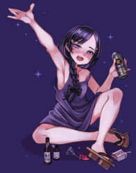 Rule 34 | 1girl, alcohol, beer, beer bottle, beer can, betty (va-11 hall-a), black nails, blush, braid, breasts, can, commentary request, cup, dress, drink can, drinking glass, drunk, full body, geta, hair ornament, hair over shoulder, hairclip, hakai no ika, highres, indian style, juice box, long hair, looking at viewer, no bra, purple background, purple dress, purple eyes, purple hair, purple theme, sideboob, single braid, sitting, small breasts, solo, spill, strap slip, toenails, toes, va-11 hall-a, waving, wine glass