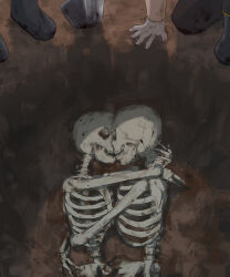 Rule 34 | 4others, absurdres, arms around neck, arms around waist, avogado6, black footwear, boots, commentary, dirt, forehead-to-forehead, from above, gloves, grave, heads together, highres, hug, kneeling, multiple others, original, shovel, skeleton, white gloves