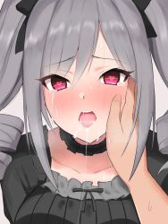 Rule 34 | 1girl, absurdres, argule0901, blush, crying, crying with eyes open, drill hair, fellatio gesture, gothic lolita, grey hair, hair ribbon, hand on another&#039;s face, heart, heart-shaped pupils, highres, idolmaster, idolmaster cinderella girls, implied fellatio, kanzaki ranko, lolita fashion, long hair, looking at viewer, open mouth, pov, red eyes, ribbon, saliva, saliva trail, stained clothes, symbol-shaped pupils, tears, tongue, tongue out, twin drills, twintails, upper body