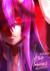 Rule 34 | 10s, 1girl, 2014, animal ears, artist name, bad id, bad pixiv id, close-up, collared shirt, dated, glaring, glowing, glowing eyes, hair over one eye, highres, hirose geronimo, long hair, portrait, purple hair, rabbit ears, red background, red eyes, reisen udongein inaba, shirt, signature, solo, touhou, twitter username, unbuttoned