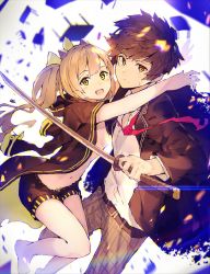 Rule 34 | 1boy, 1girl, :d, belt, blazer, blonde hair, blurry, blush, breasts, brown eyes, brown hair, depth of field, desk, enj!, highres, holding, holding sword, holding weapon, jacket, katana, navel, open jacket, open clothes, open jacket, open mouth, original, pants, shirt, short shorts, shorts, small breasts, smile, sweatdrop, sword, twintails, weapon, white shirt, yellow eyes