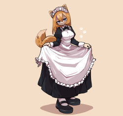 Rule 34 | 1girl, absurdres, animal ears, apron, asutoro (s--t), blonde hair, blue eyes, brown background, curtsey, female focus, fox ears, fox tail, full body, furry, furry female, highres, jitome, looking at viewer, maid, maid apron, maid headdress, original, simple background, solo, standing, tail, white legwear