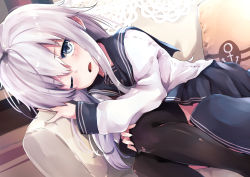 Rule 34 | 1girl, black thighhighs, blue eyes, blush, couch, hair between eyes, hair ornament, hat, hibiki (kancolle), highres, kantai collection, long hair, long sleeves, looking at viewer, lying, on couch, on side, one eye closed, open mouth, pleated skirt, school uniform, serafuku, silver hair, skirt, solo, taisho (gumiyuki), thighhighs