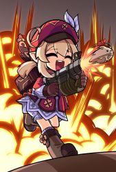 Rule 34 | 1girl, :d, ^ ^, ahoge, aiming, bloomers, boots, brown footwear, brown gloves, cabbie hat, child, closed eyes, clover print, coat, commentary request, crawbar, explosion, firing, full body, genshin impact, gloves, grenade launcher, gun, hair between eyes, hat, hat feather, hat ornament, highres, holding, holding gun, holding weapon, jumpy dumpty, klee (genshin impact), knee boots, kneehighs, light brown hair, long hair, long sleeves, looking away, low twintails, open mouth, pocket, pointy ears, red coat, red hat, running, sidelocks, simple background, smile, socks, solo, twintails, underwear, weapon