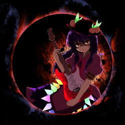 Rule 34 | 1girl, bad id, bad pixiv id, black background, circle, female focus, guitar, hinanawi tenshi, instrument, red eyes, rondo umigame, rondo umigame (artist), solo, standing, touhou