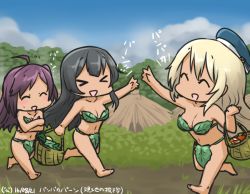 Rule 34 | &gt; &lt;, 3girls, :d, > <, ^ ^, agano (kancolle), ahoge, atago (kancolle), basket, beret, black hair, blonde hair, blue sky, blush, closed eyes, cloud, cloudy sky, commentary request, dated, day, closed eyes, forest, hagikaze (kancolle), hamu koutarou, hat, kantai collection, leaf bikini, long hair, multiple girls, mushroom, nature, open mouth, pan-pa-ka-paaan!, purple hair, sky, smile, xd